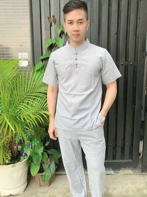 Đồ lam đi chùa nam ngắn tay 3 nút