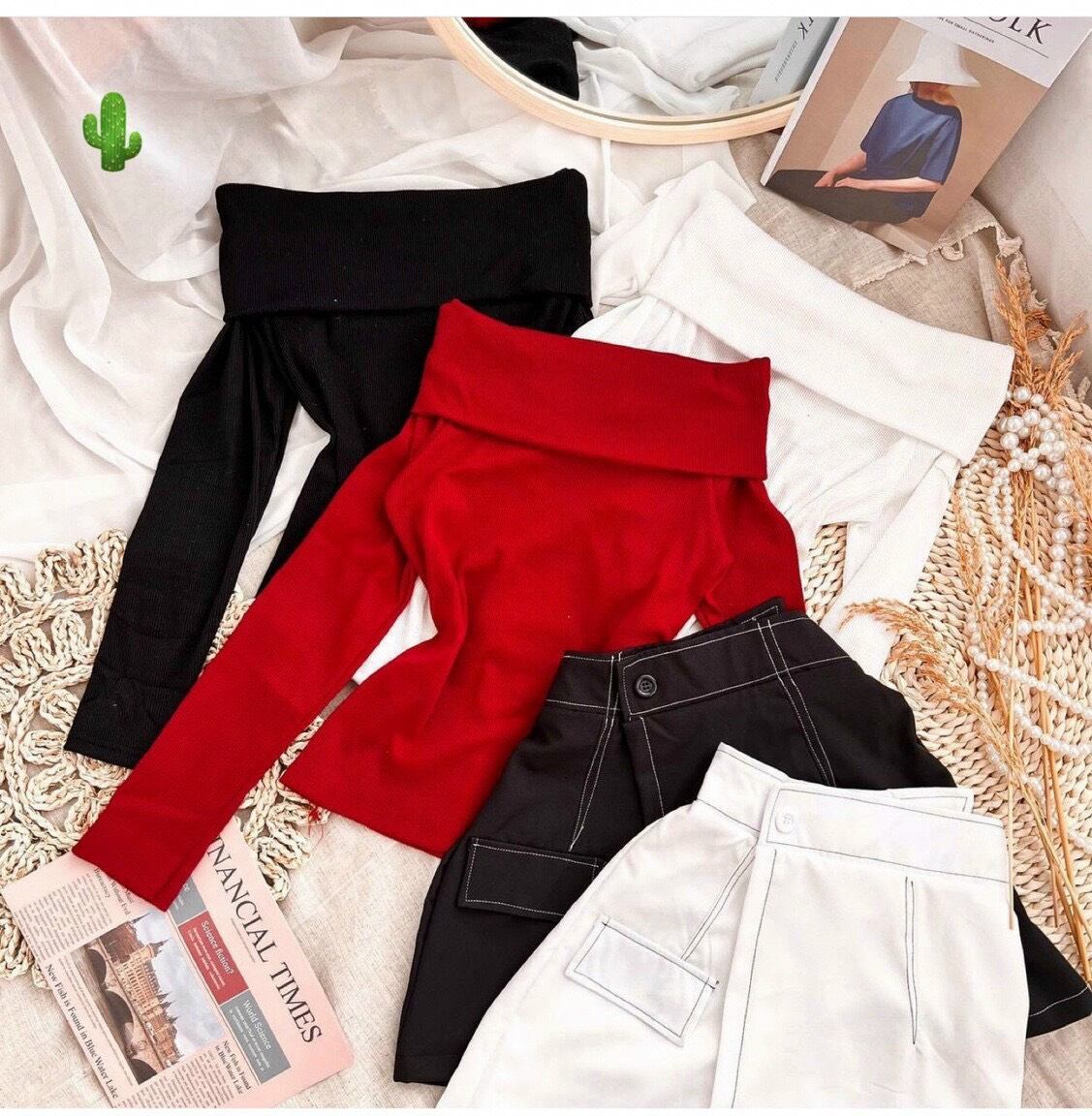 Set áo bẹt vai đỏ rực rỡ và chân váy viền chỉ