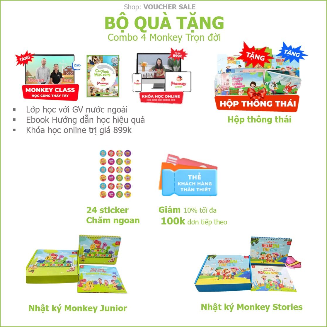 Combo 4 phần mềm Monkey - 1 năm, 2 năm ,trọn đời - (Monkey Junior, Monkey Stories, Monkey Math, Vmonkey) cho trẻ em từ 0 đến 14 tuổi - bảo hành chính hãng