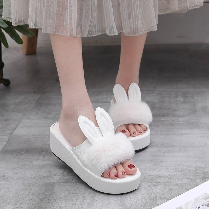 Dép Lê Dép Lê Cao Gót Đế Xuồng Đế Dày Xốp Tai Thỏ Đáng Yêu Lông Mẫu Mới 2023 Thời Trang Đi Bên Ngoài Mùa Hè Cho Nữ