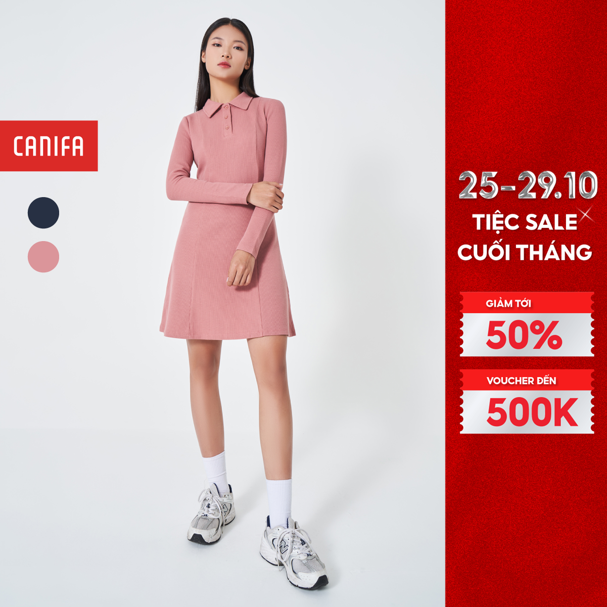 Váy liền nữ CANIFA cotton USA cổ polo dài tay 6DS23W004