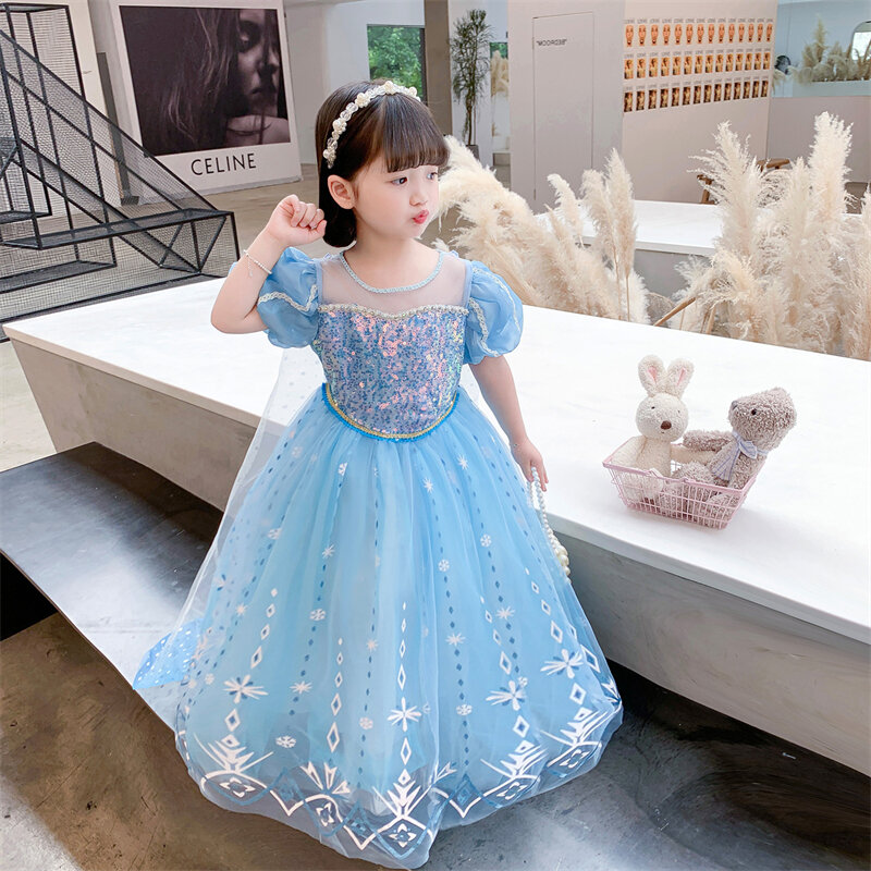 Váy Công Chúa Elsa Frozen Princess Birthday Dress Cho Bé Gái Mùa Hè Mới Váy Cotton Tay Ngắn Màu Trơn Phong Cách Hàn Quốc