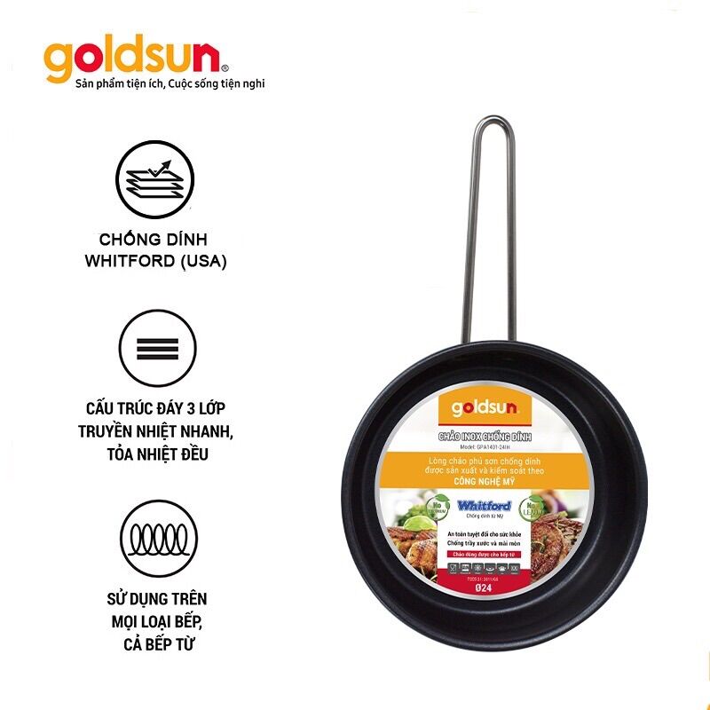 Chảo chống dính bếp từ 3 đáy Goldsun 16/18/20/24/26cm sử dụng cho tất cả các loại bếp