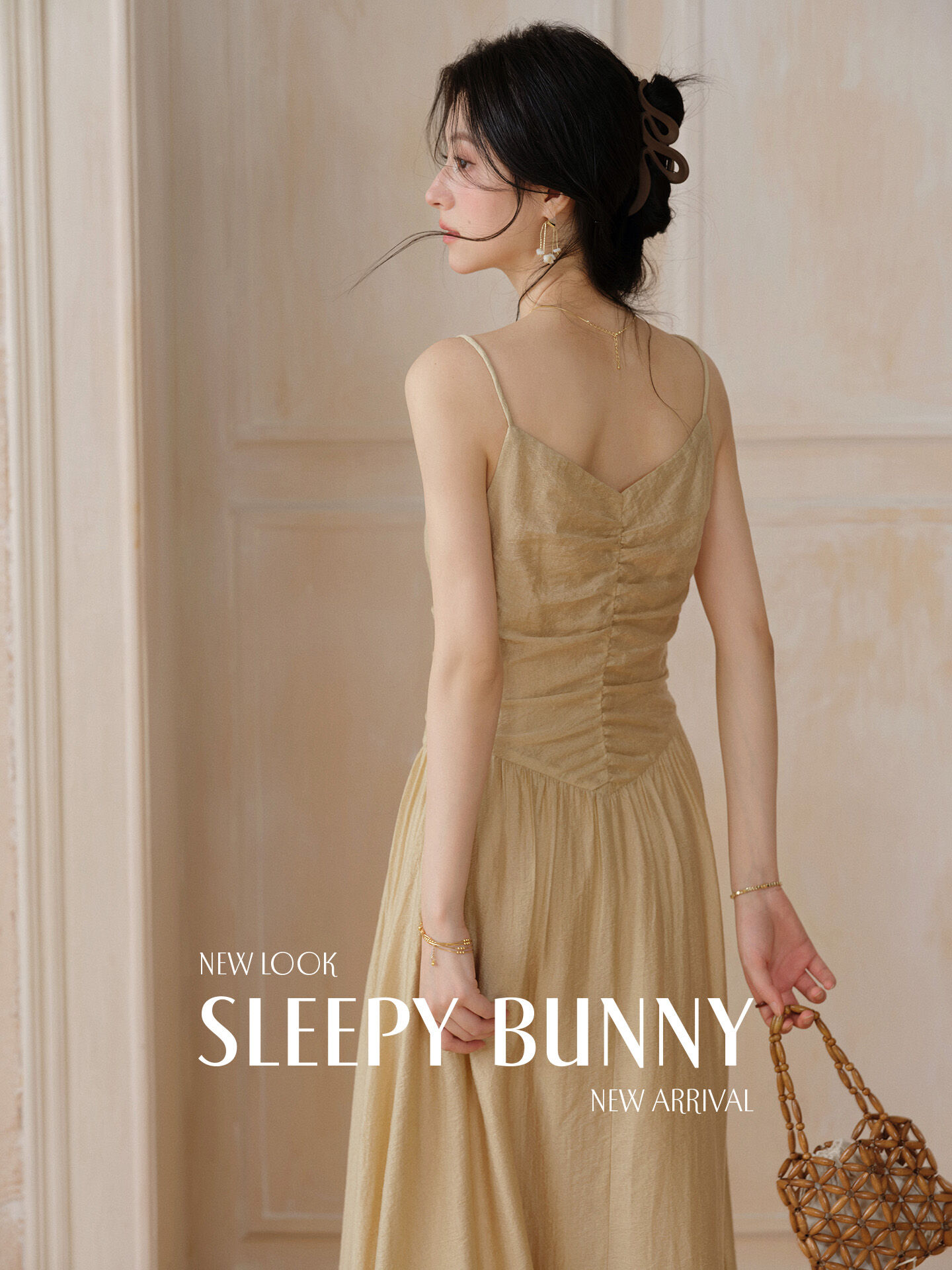 Lustrous Golden V-Neck Tencel Pleated Cinched Waist Camisole Maxi Dress