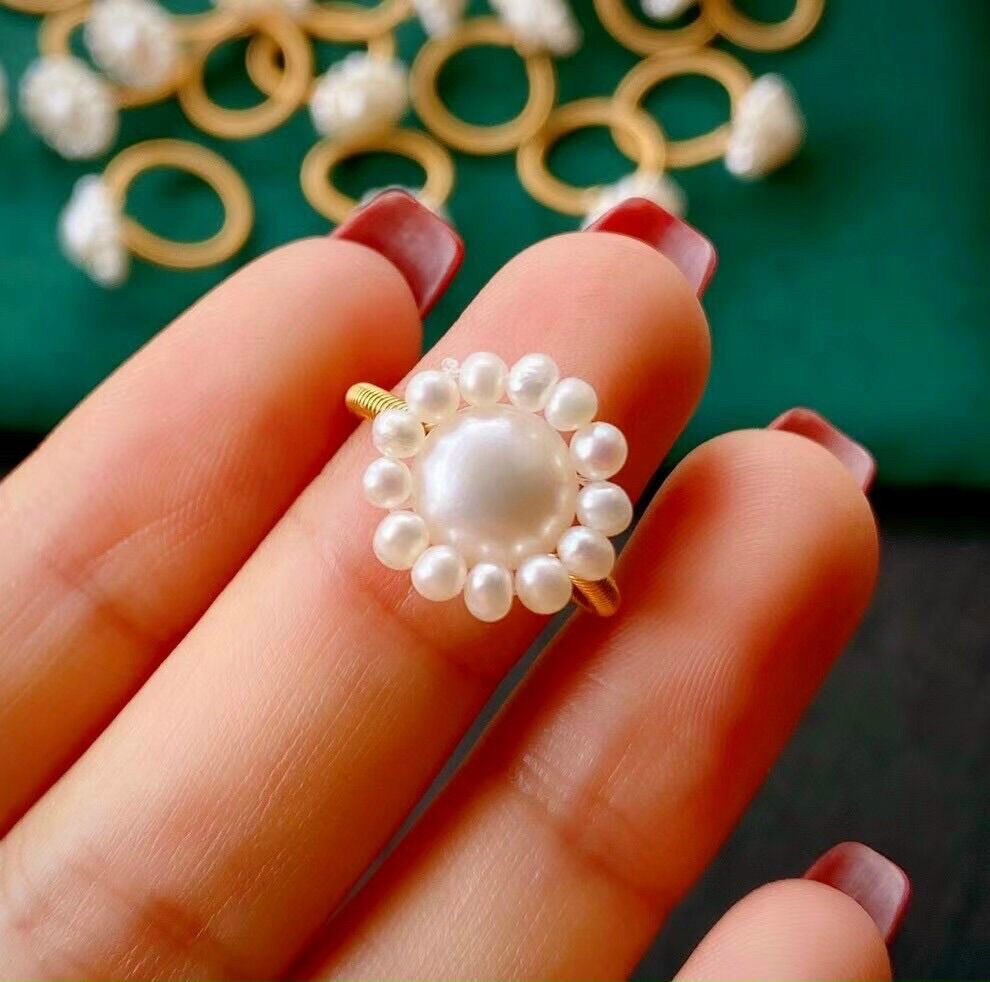 Nhẫn ngọc trai nuôi tự nhiên, nhẫn trai thô kiểu dáng hoa mai