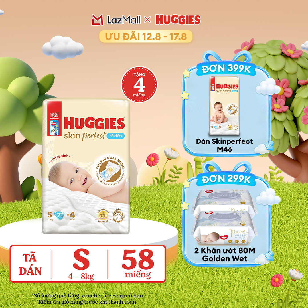 [12-17.08 QUÀ TẶNG ĐƠN 0Đ] Tã/bỉm dán sơ sinh Huggies Skin Perfect S 54+6 miếng với 2 vùng thấm giảm kích ứng da