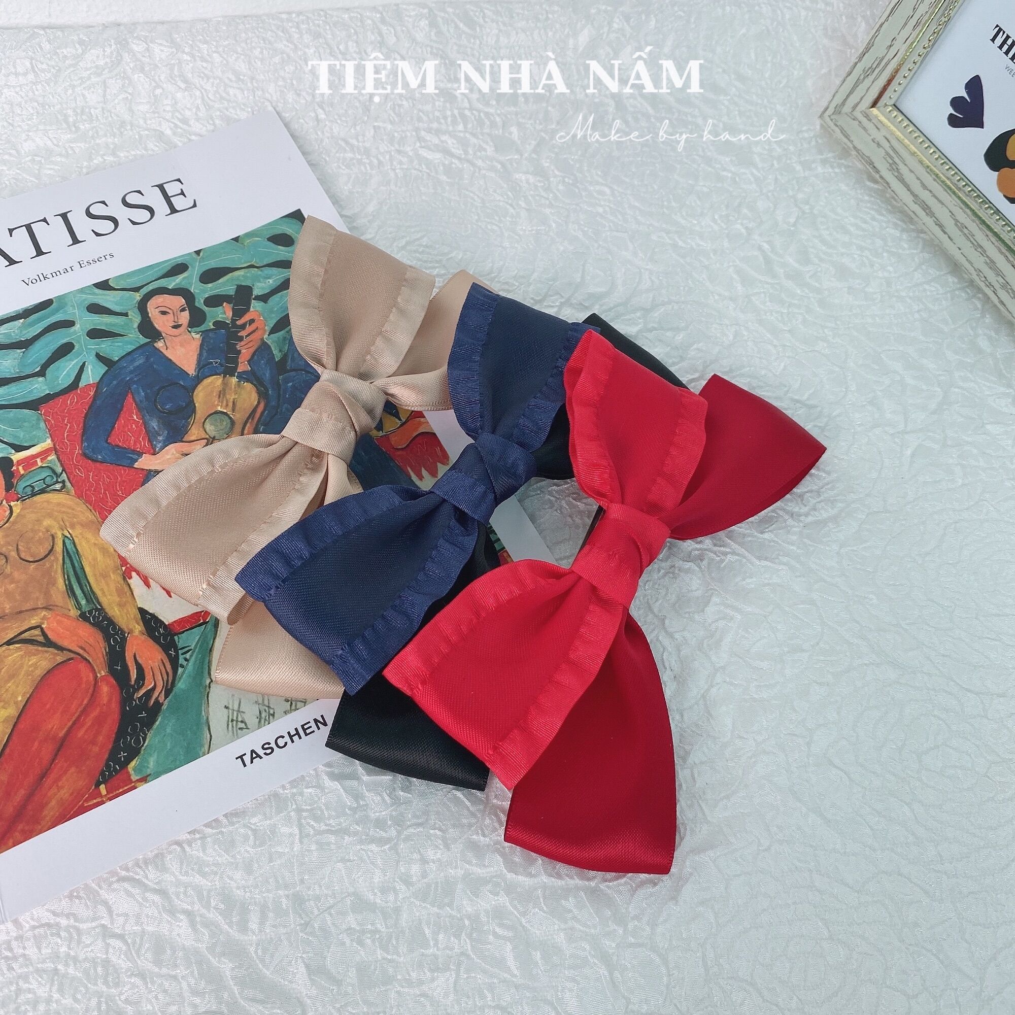 🎀 kẹp tóc nơ viền bèo phối satin tiểu thư -