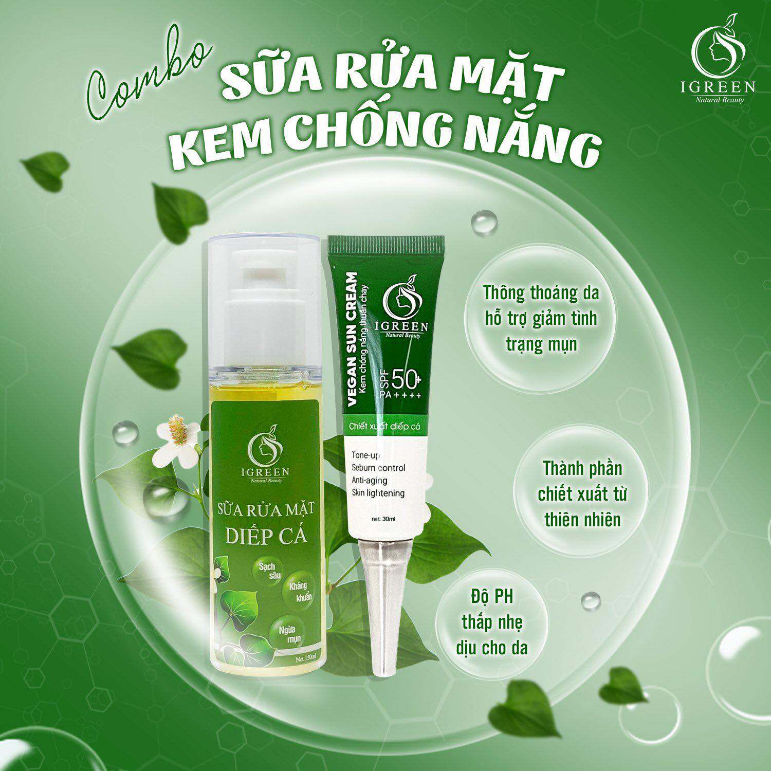 Combo sữa rửa mặt diếp cá trà xanh + kem chống nắng