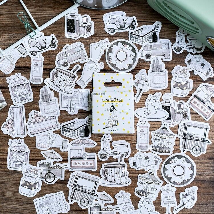 Bộ nhãn dán stickers trang trí hình vẽ trắng đen