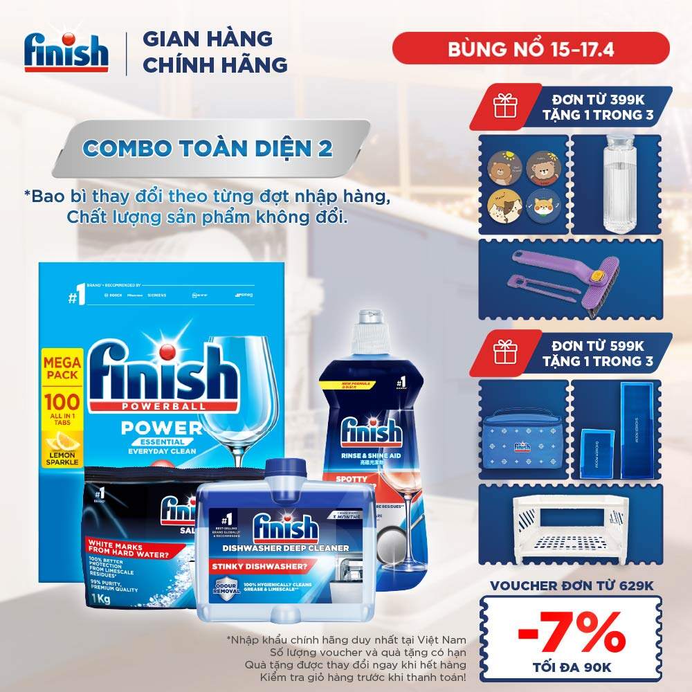 Combo Finish toàn diện 2: Hộp 100 Viên Rửa Bát Essential + Nước Làm Bóng Finish 500ml + Muối Rửa Chén Finish Salt túi 1kg + Dung dịch vệ sinh máy