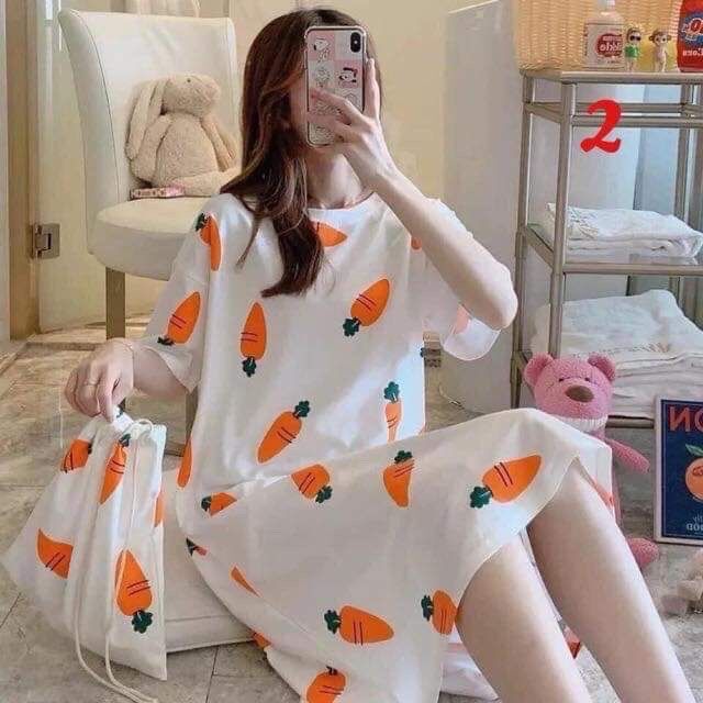 Đầm Ngủ Thun Dáng Suông Kèm Túi