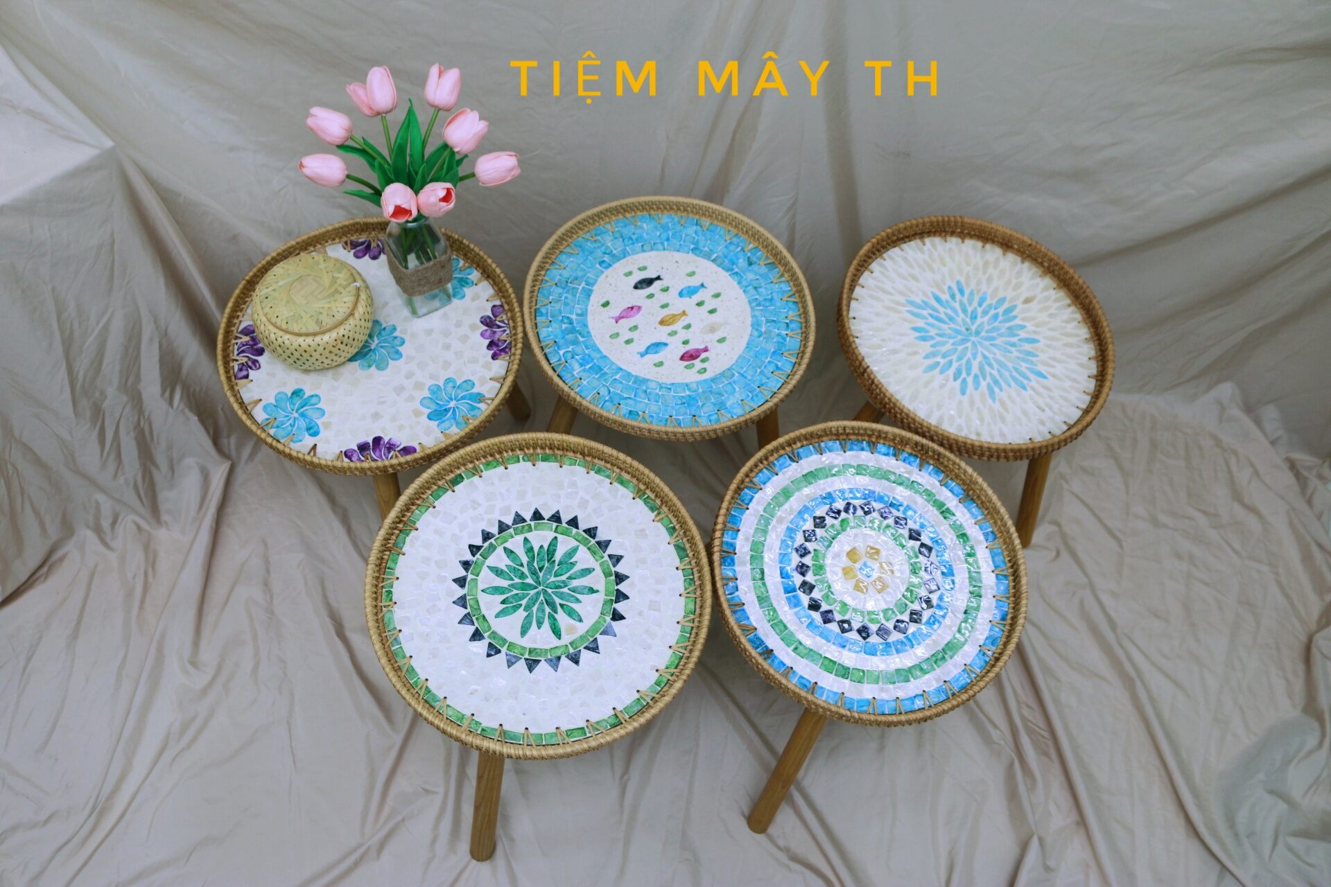 Bàn mây khảm trai tiệm mây th 3 chân gỗ, bàn cafe, bàn trà chanh