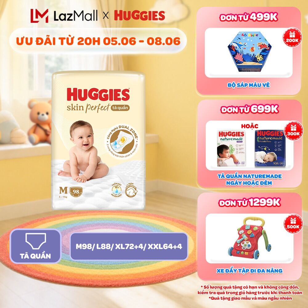 Tã quần Huggies Skin Perfect Mega Jumbo M98/L88/XL72+4/XXL64+4 miếng với 2 vùng thấm giảm kích ứng da