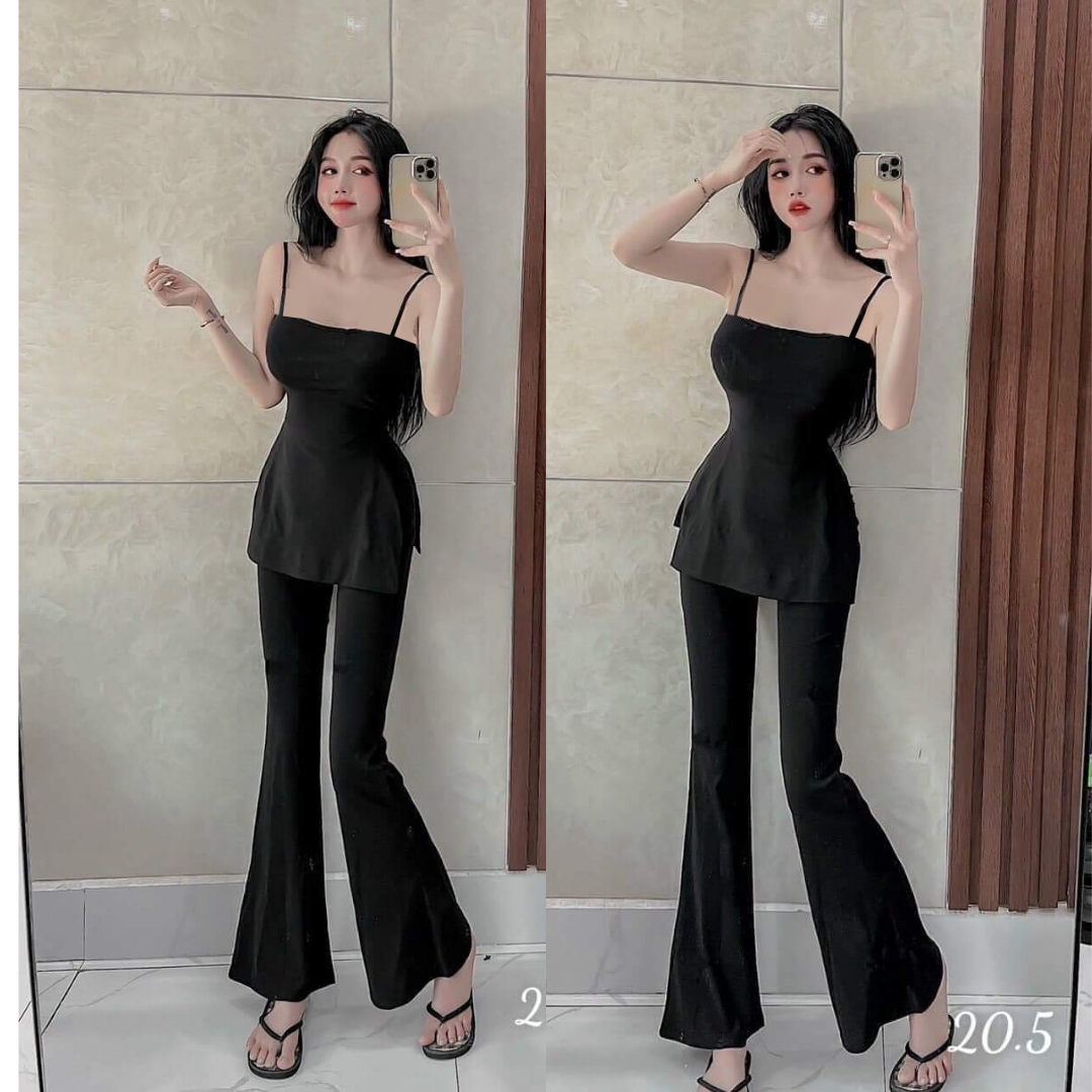 Set áo xẻ tà quần ống loe