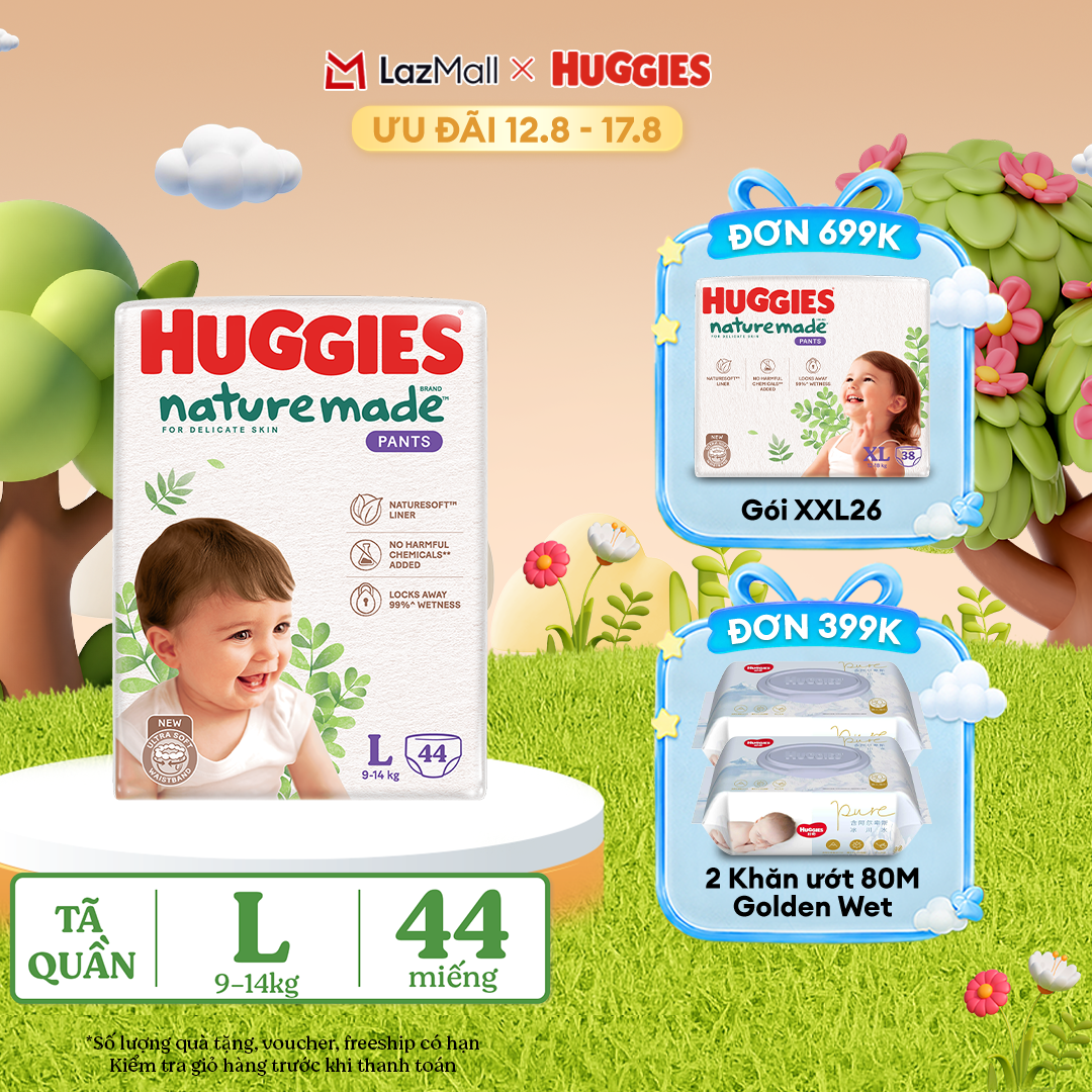 [12-17.08 QUÀ TẶNG ĐƠN 399K](Mua 1 tặng 1) Tã/Bỉm quần HUGGIES PLATINUM NatureMade L44 (9-14kg)-Gói Jumbo 44 miếng
