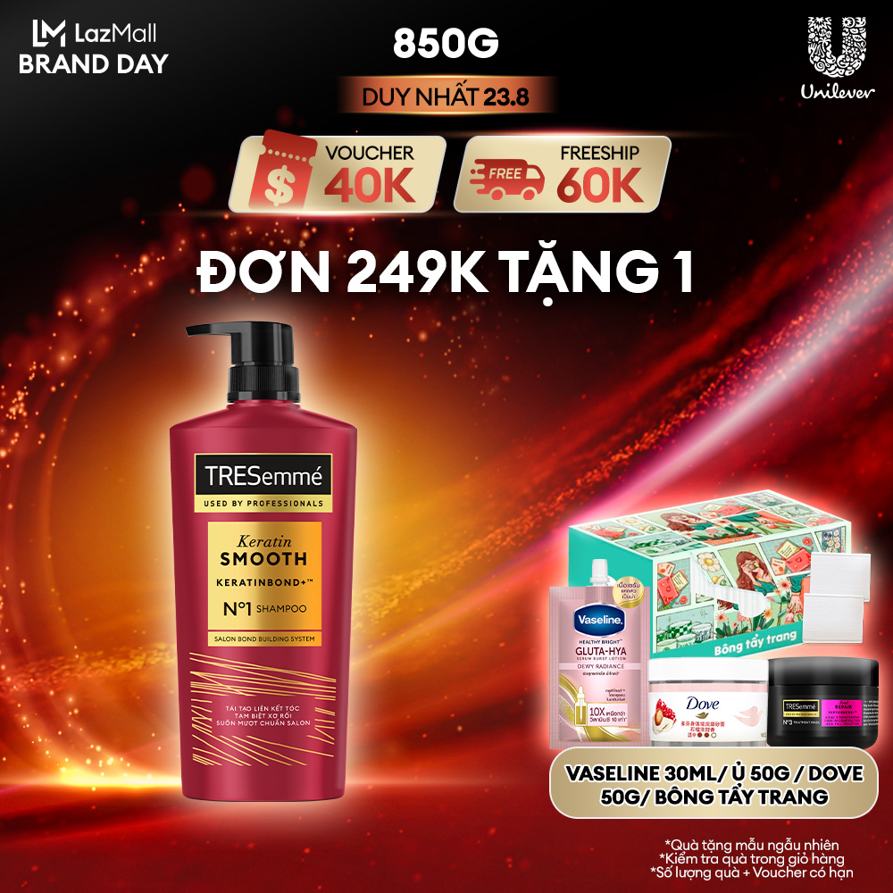 Dầu Gội Tresemme Keratin Smooth 850g Cho Tóc Khô Xơ Rối Công Thức Chuẩn Salon Hydrolyzed Keratin Vào Nếp Suôn Mượt