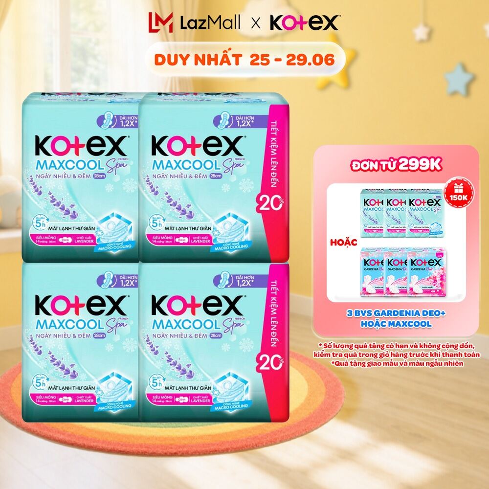 Lốc 4 BVS Kotex Maxcool French Spa SMC 28cm ngày nhiều  đêm - 14 miếng