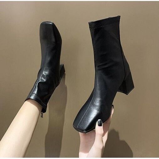 Bốt da nữ cao gót cổ lửng khoá sau da mềm dọc giữa cao cấp