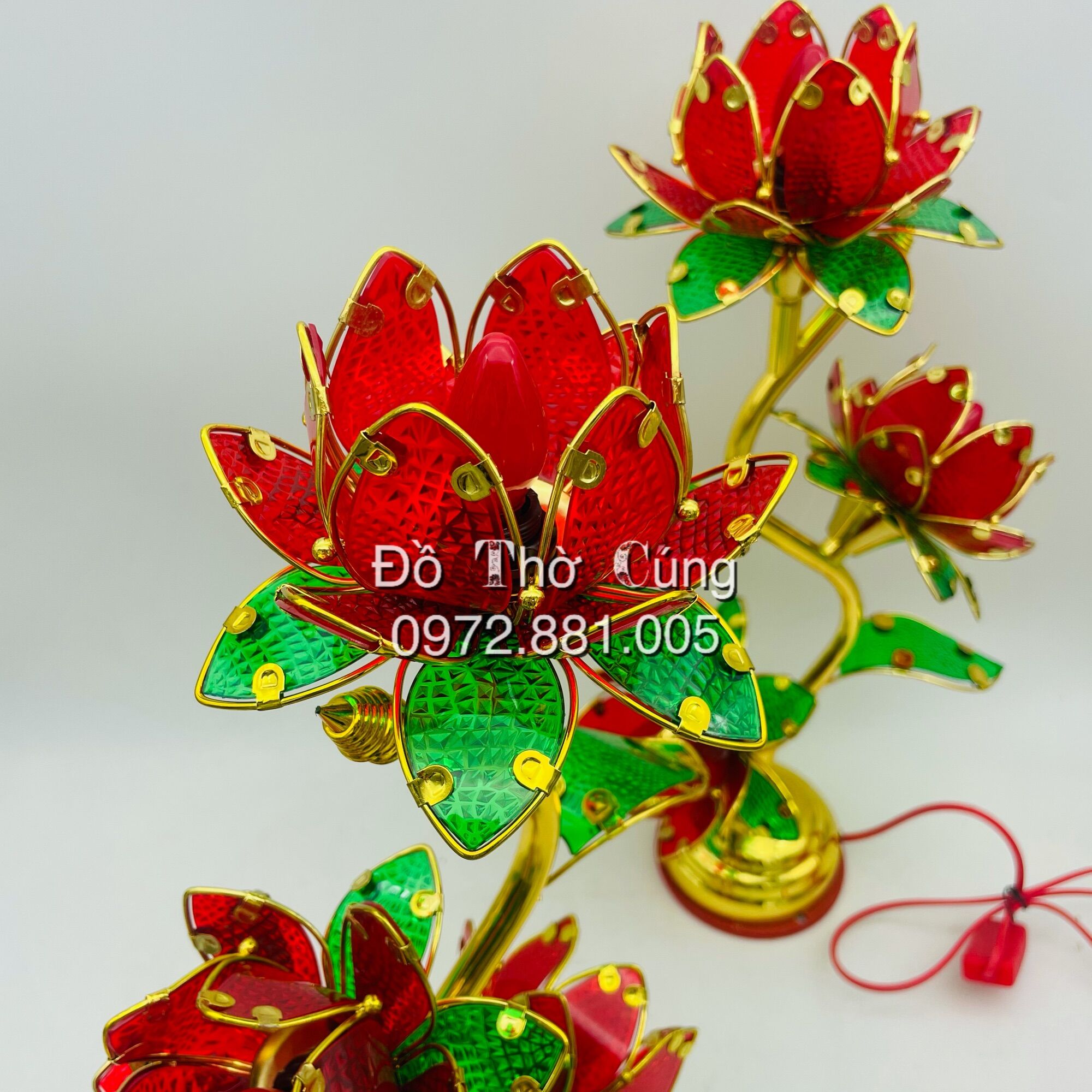 Đèn thờ cánh nhựa 3 bông màu đỏ