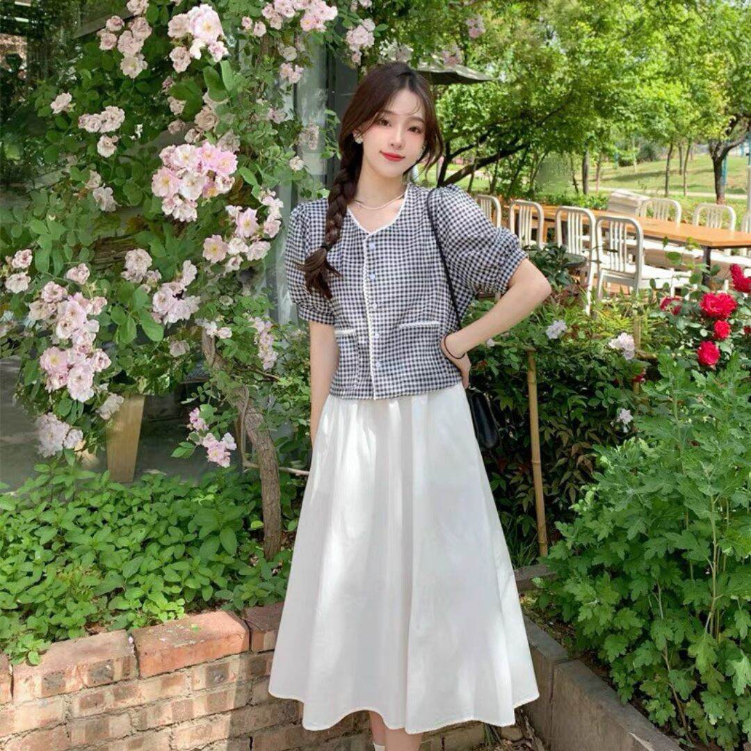 Set áo kẻ caro tay bồng kèm chân váy trắng ảnh thật