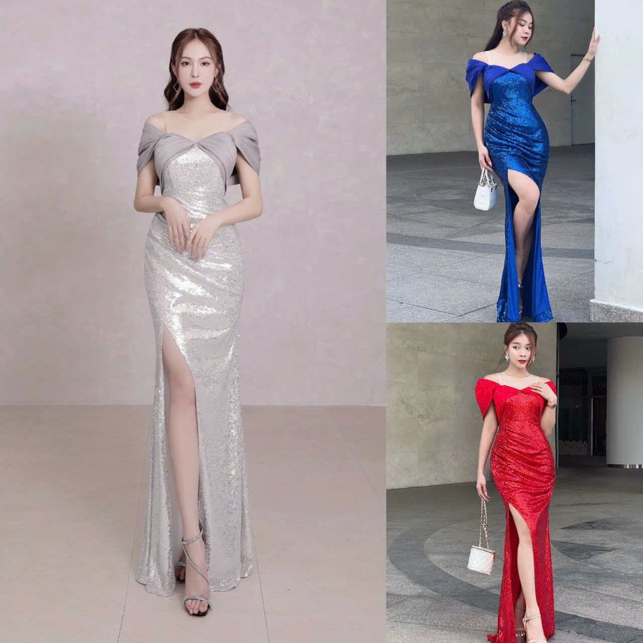 Đầm dạ hội kim sa rớt vai
