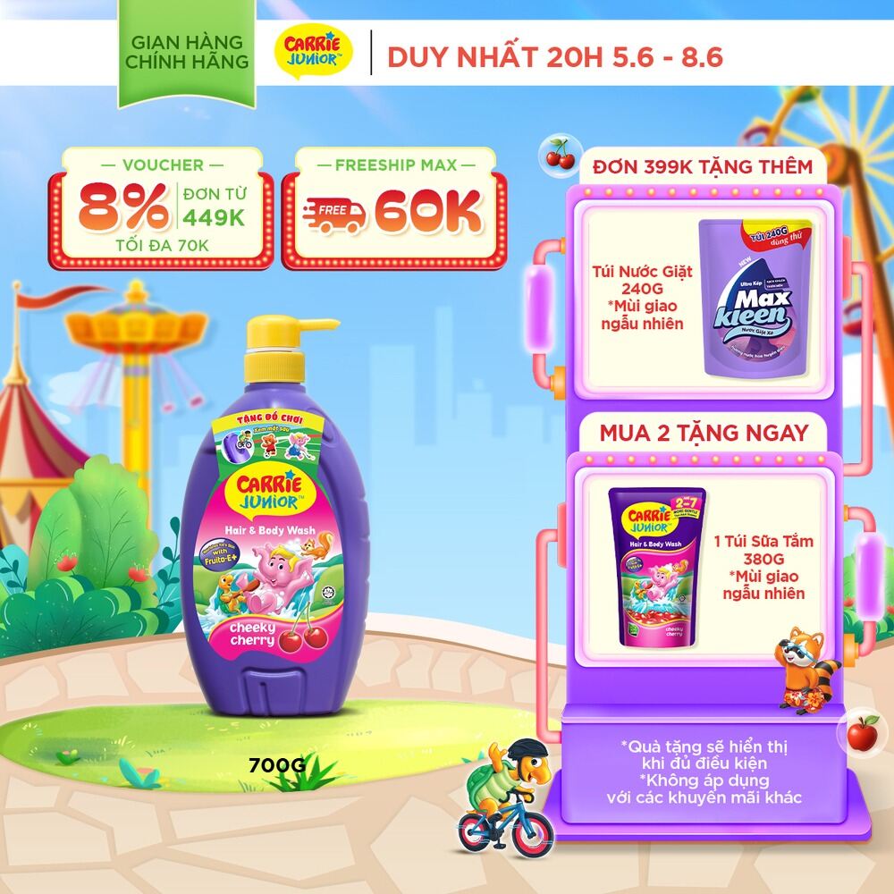 Sữa Tắm Gội cho bé Carrie Junior chiết xuất trái cây thiên nhiên Hương Cherry 700g