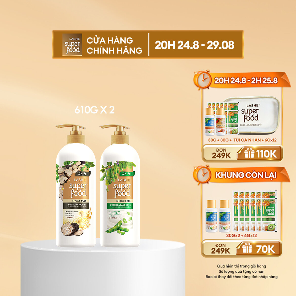 Combo sữa tắm lashe superfood dưỡng da tươi trẻ 610g + sữa tắm lashe superfood dưỡng da căng bóng 610g