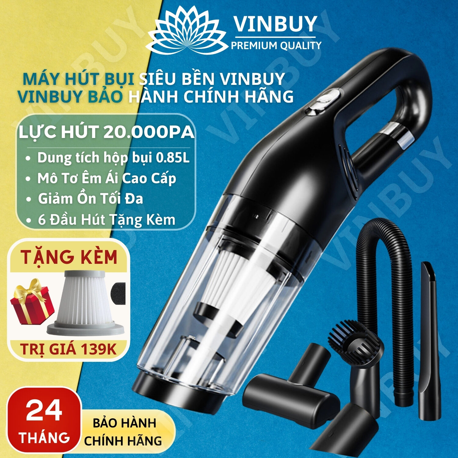 Máy hút bụi cầm tay không dây sử dụng pin sạc, vacuum cleaner đa năng công suất mạnh 20000PA, hút bụi khô và ướt - Hàng chính hãng VINBUY