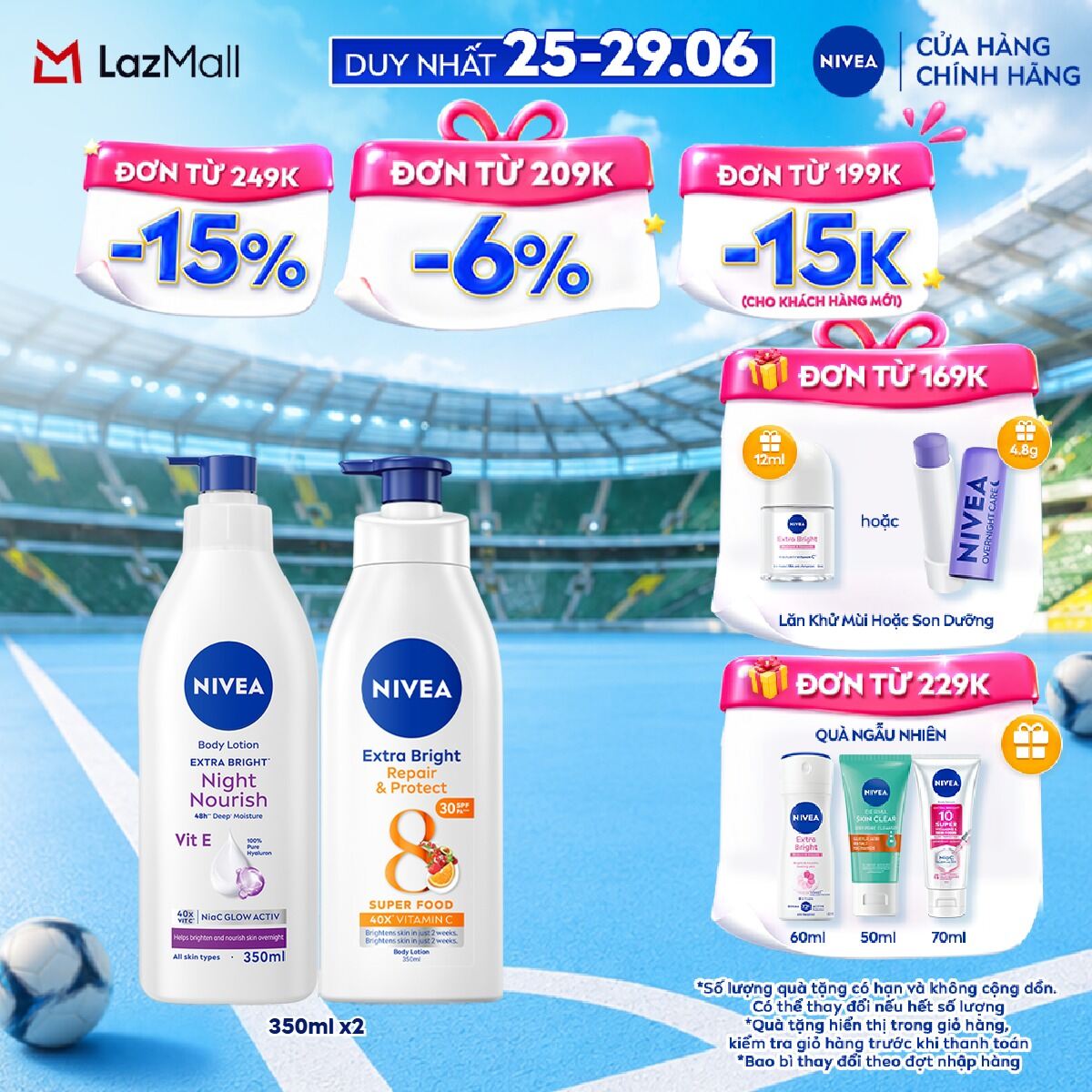 Bộ 02 Sữa Dưỡng Thể NIVEA Dưỡng Sáng Mịn Da Ban Đêm | Phục Hồi  Chống Nắng Ban Ngày (350ml x2) - 98412+88311