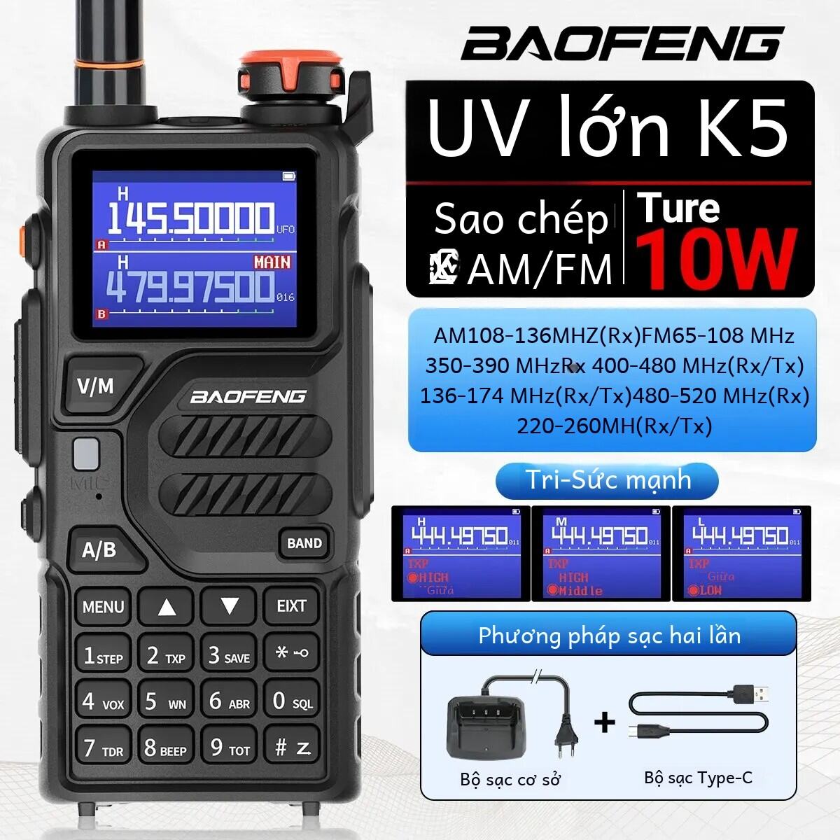 Bộ đàm Baofeng Uv K5 Plus 10w Air Band Bộ đàm không dây tầm xa Tần số sao chép Radio hai chiều với cổng USB Type-C