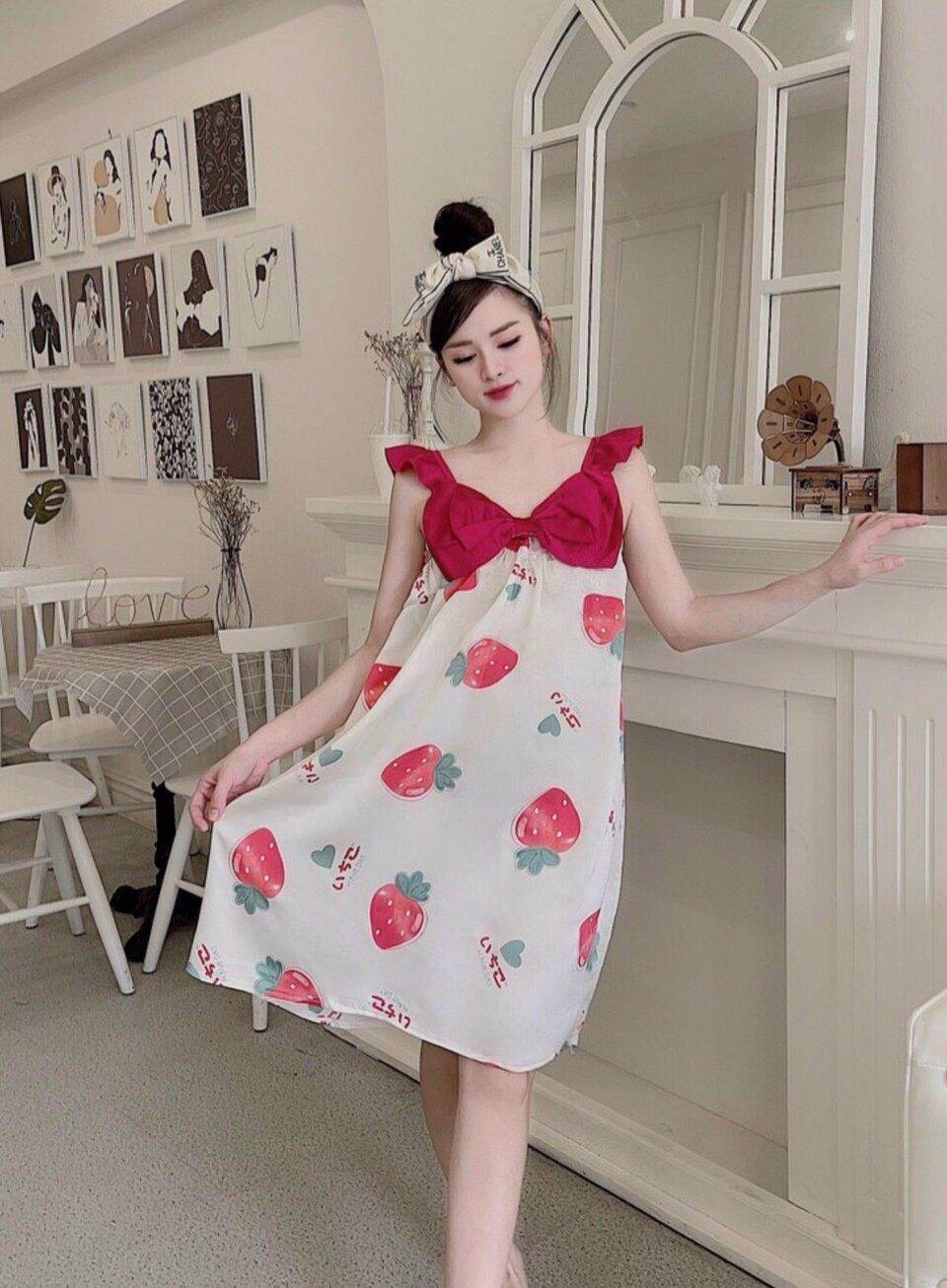 Váy, đầm ngủ tay cánh tiên phối nơ ngực chất lụa satin siêu mềm mát freesize