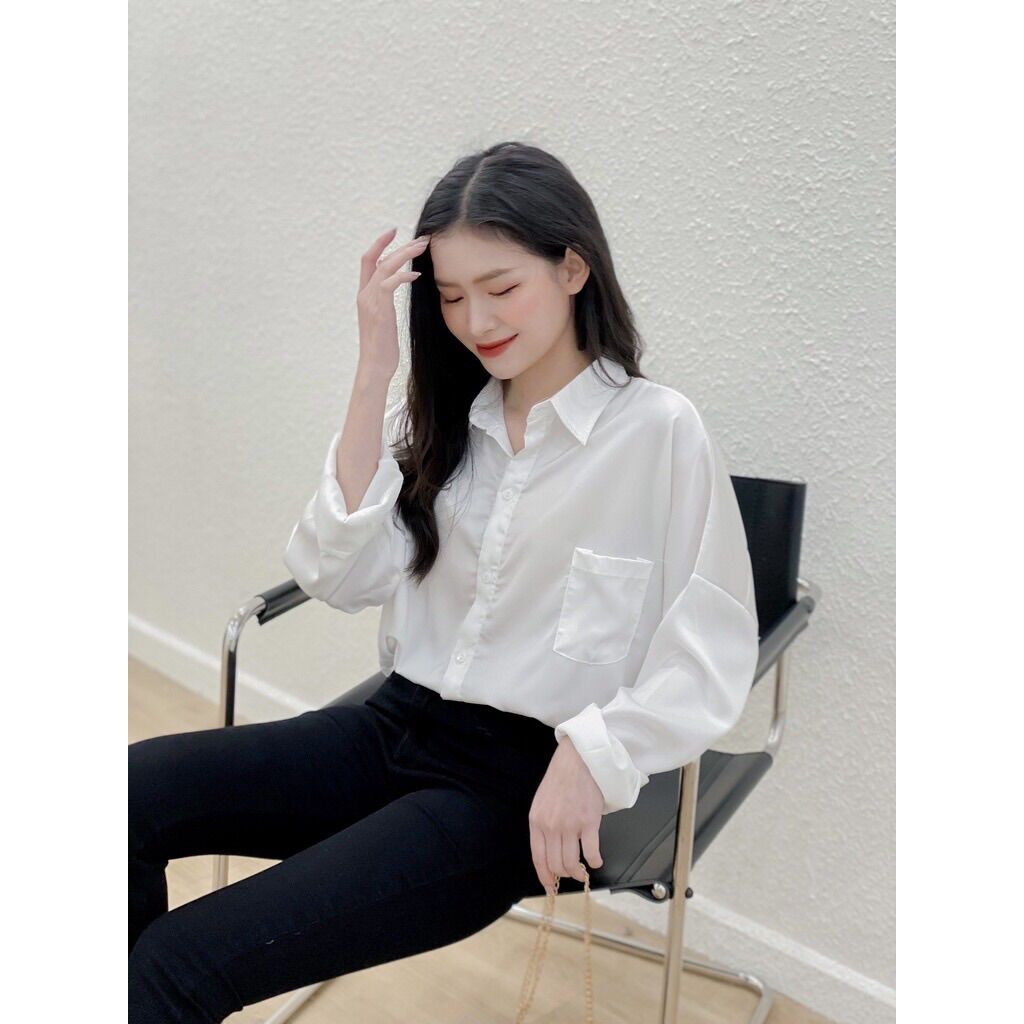 Áo sơ mi trắng basic túi ngực dáng rộng Lumii