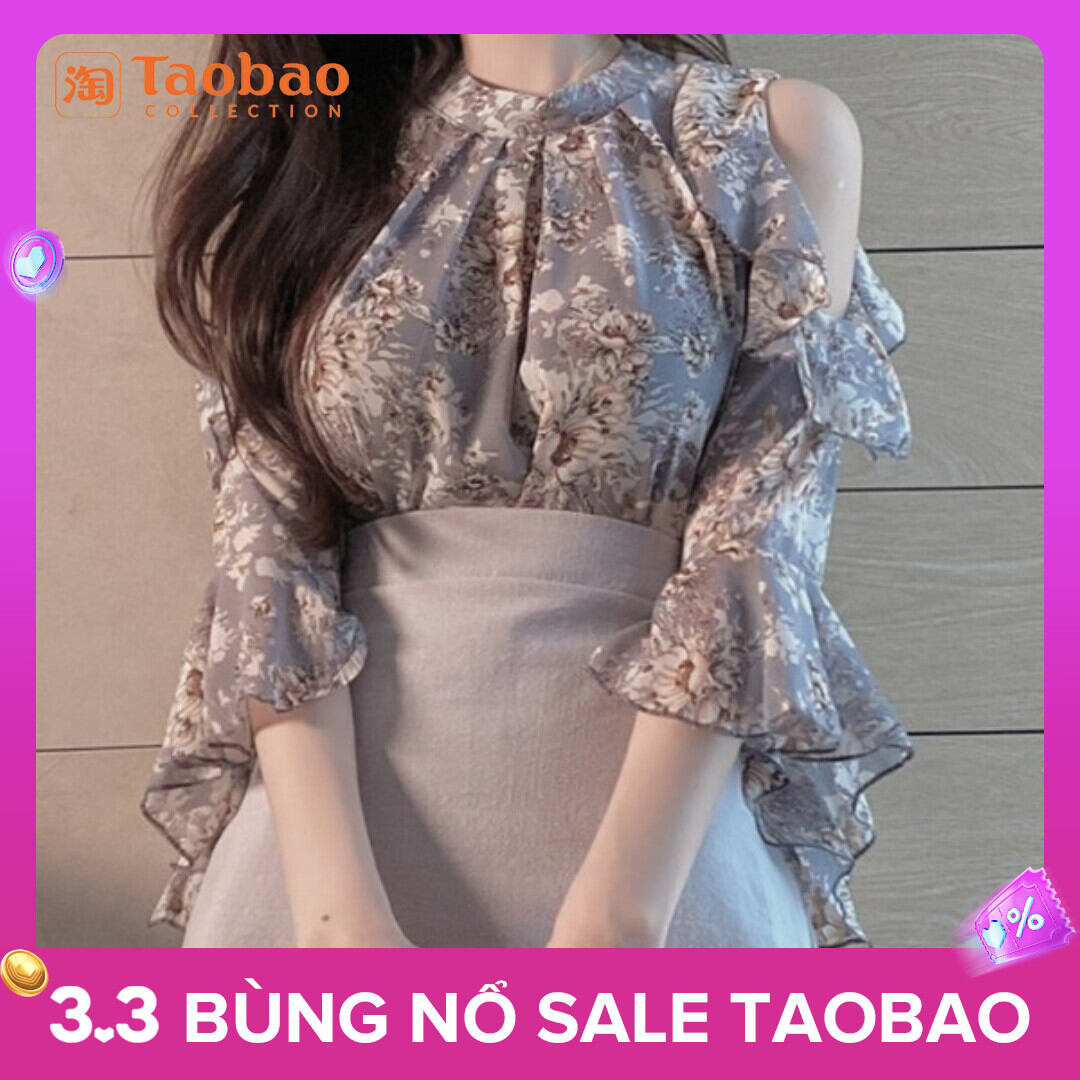 Áo sơ mi voan chiffon hoa nhí thiểu số cảm giác thiết kế trang phục nữ áo nhỏ siêu tiên nữ đeo cổ hở vai mùa hè áo hai dây viền bèo