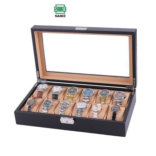Hộp đựng đồng hồ 12 ngăn saike s126 bọc da carbon lót da trơn mềm màu đen