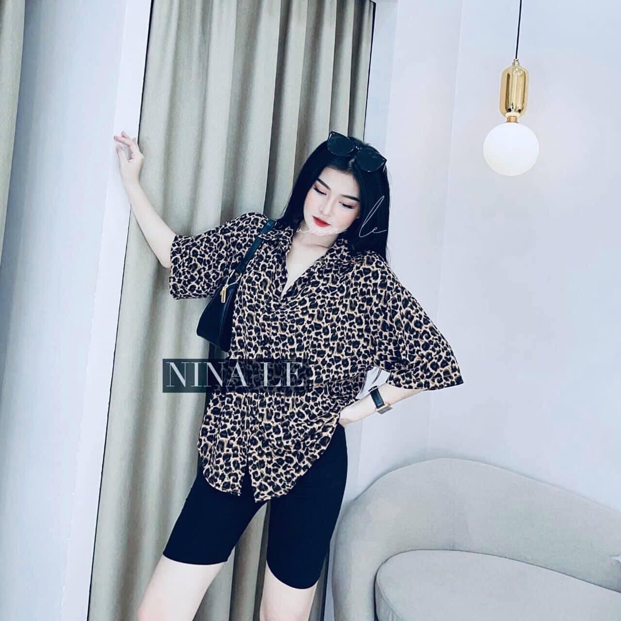 Set áo sơmi beo kèm short legging ngố ( ảnh thật chụp sàn )