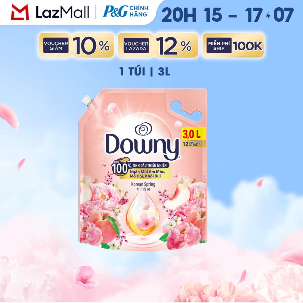 Nước Xả Vải DOWNY Hương Nước Hoa Cao Cấp & Trái Cây Xuân Hàn Quốc 100% Tinh Dầu Thiên Nhiên MỚI Korean Spring Túi 3L