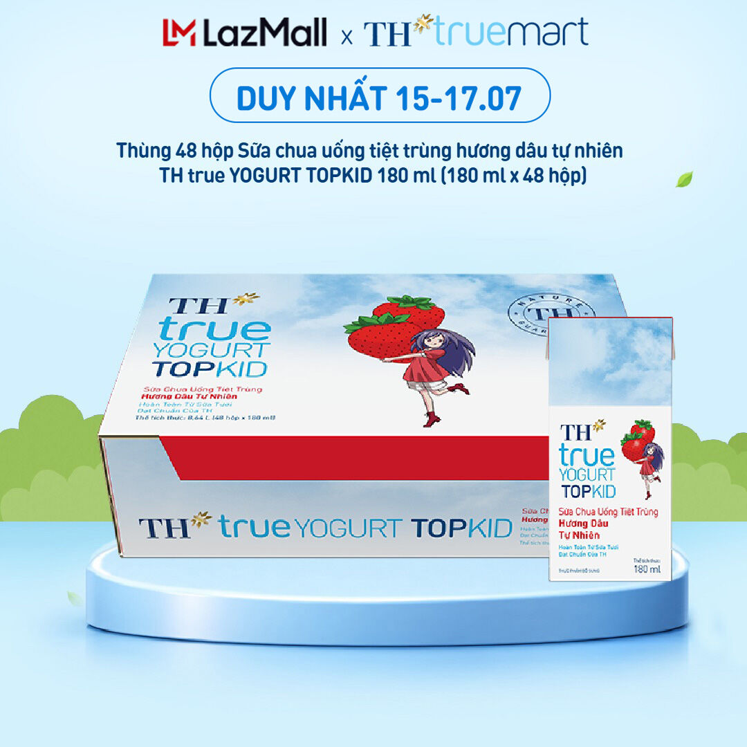 Thùng 48 hộp sữa chua uống tiệt trùng TH true YOGURT TOPKID hương dâu tự nhiên 180 ml (180 ml x 48)