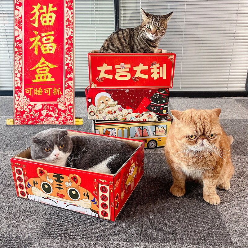 Hộp Quà Năm Mới Đồ Chơi Cho Mèo Ổ Mèo Bảng Cào Móng Cho Mèo Giấy Gợn Sóng