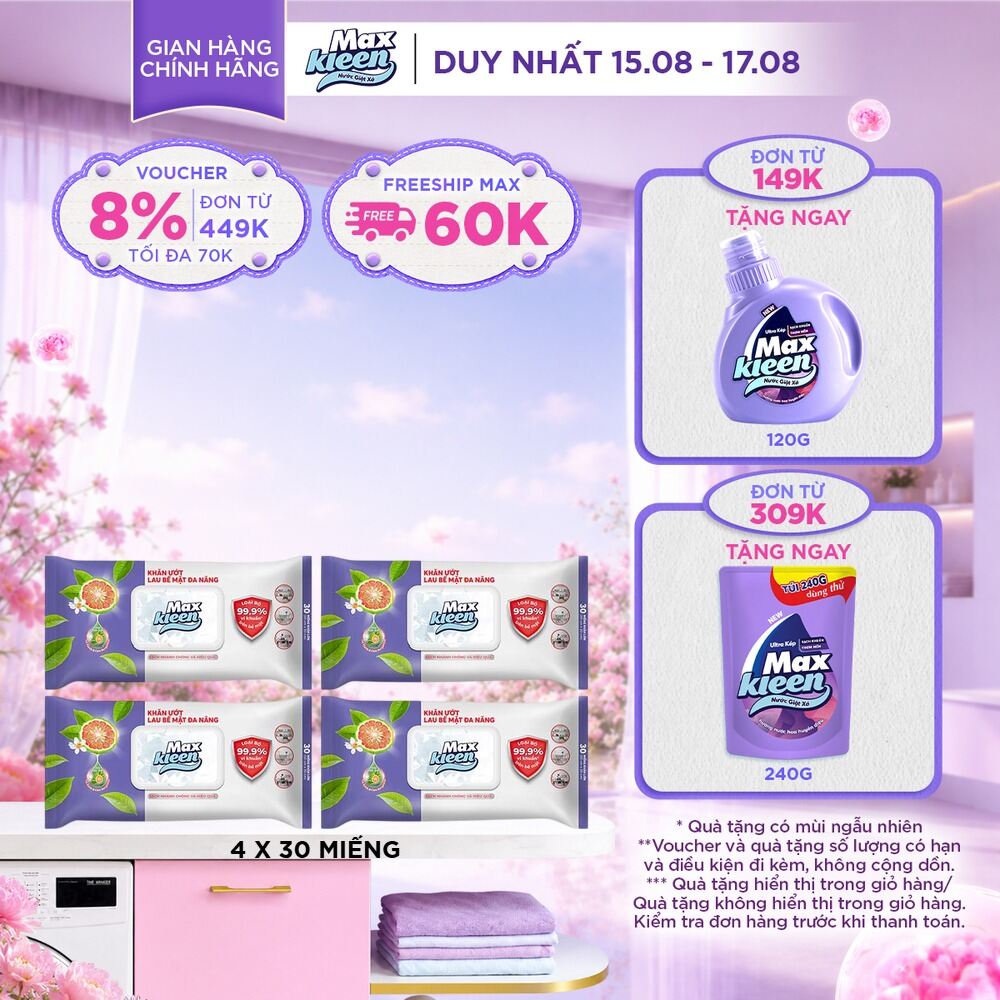 Combo 4 gói Khăn Ướt Lau Bề Mặt Đa Năng MaxKleen 30 Miếng/gói