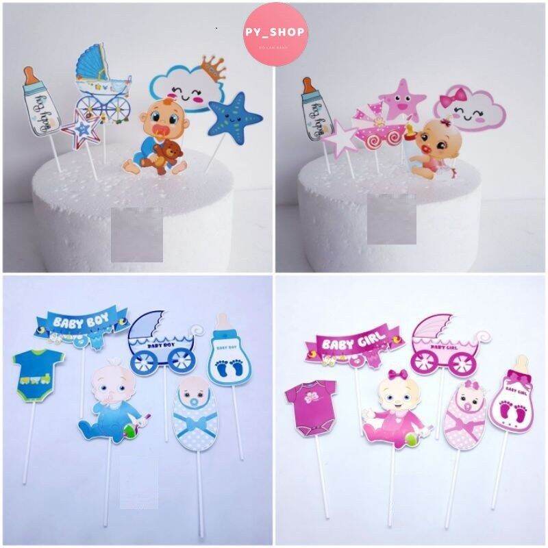 Set Cắm Giấy Baby Mừng Thôi Nôi , Set Cắm Em Bé Trang Trí Bánh Sinh Nhật