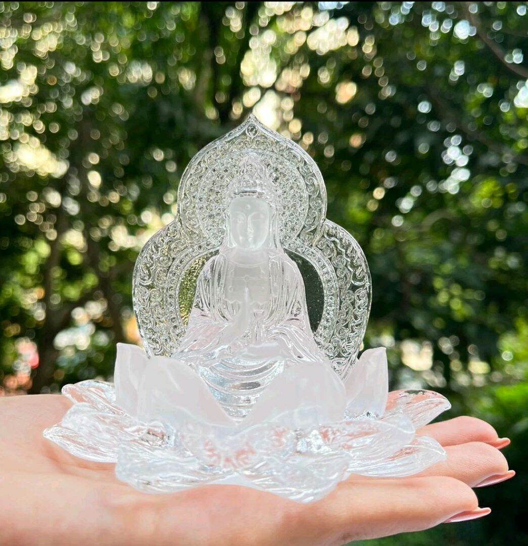 Tượng phật bà quan âm tọa đài sen đá lưu ly cao cấp, trang trí taplo ô tô