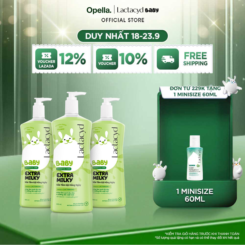 Bộ 3 Chai Sữa Tắm Gội Trẻ Em Lactacyd Baby Extra Milky Làm Sạch Dịu Nhẹ và Dưỡng Ẩm Vượt Trội Size Jumbo 800ml