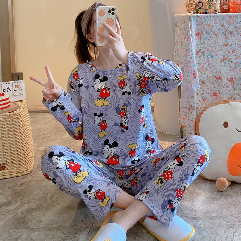 Bộ Đồ Ngủ Dài Tay in Họa Tiết Hoạt Hình Mùa Hè Cho Nữ, Cổ Tròn, Quần Dài, Bộ Đồ Ngủ Ngọt Ngào, Mặc Ở Nhà Bằng Vải Lụa