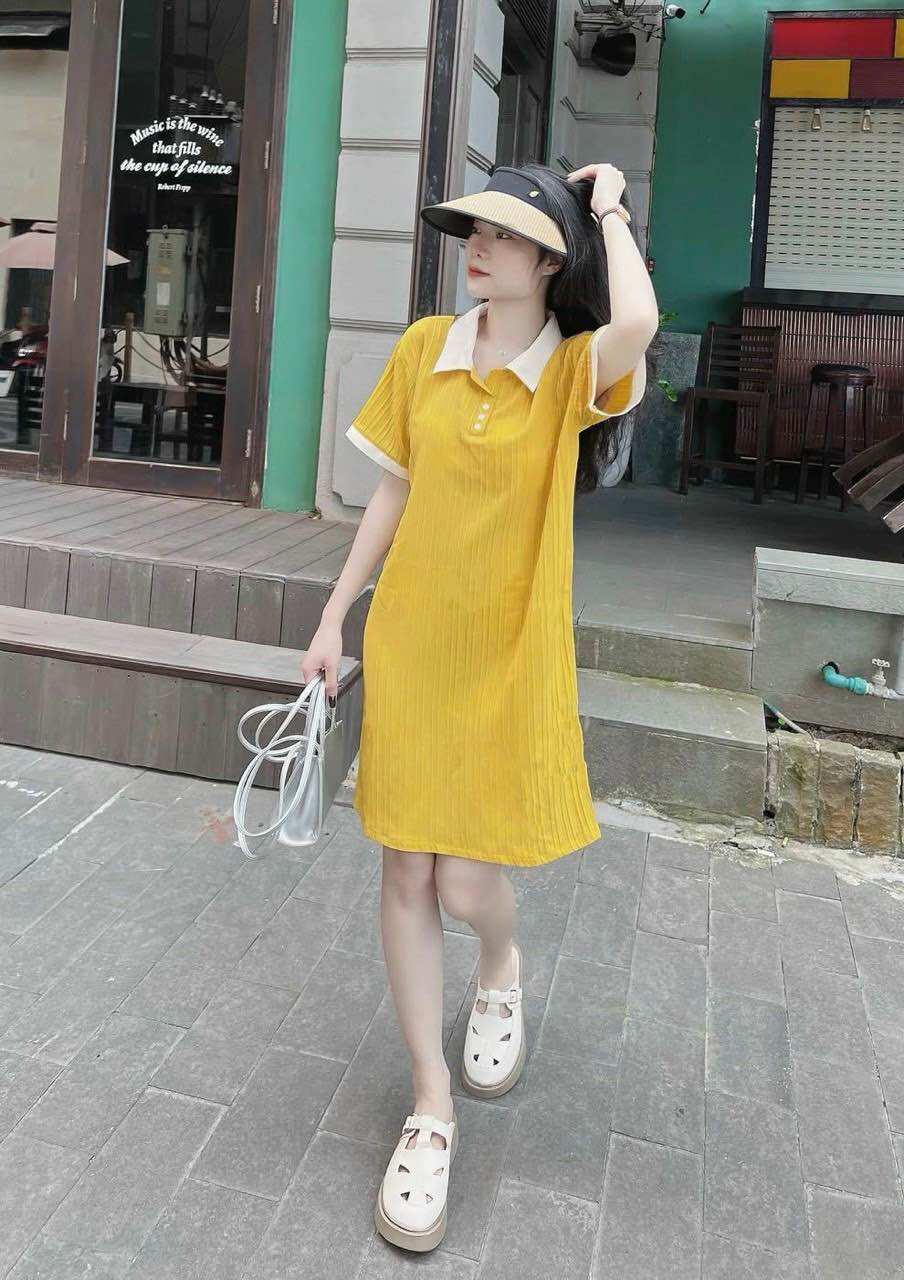 Đầm bầu sơ mi đũi gân cổ polo công sở