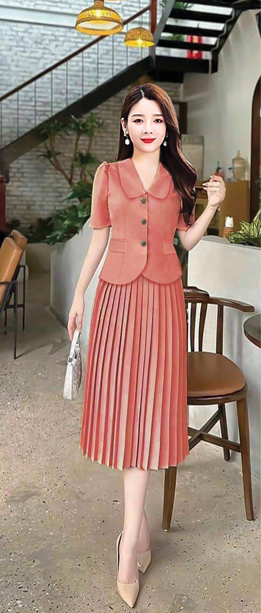SET ÁO CỔ VEST CHÂN VÁY DẬP LY ÁO CỔ SEN TAY CON