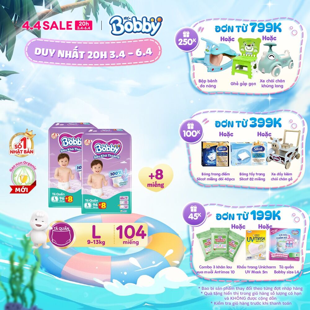 Combo 2 Tã/bỉm quần Bobby 3mm Gạo non L96