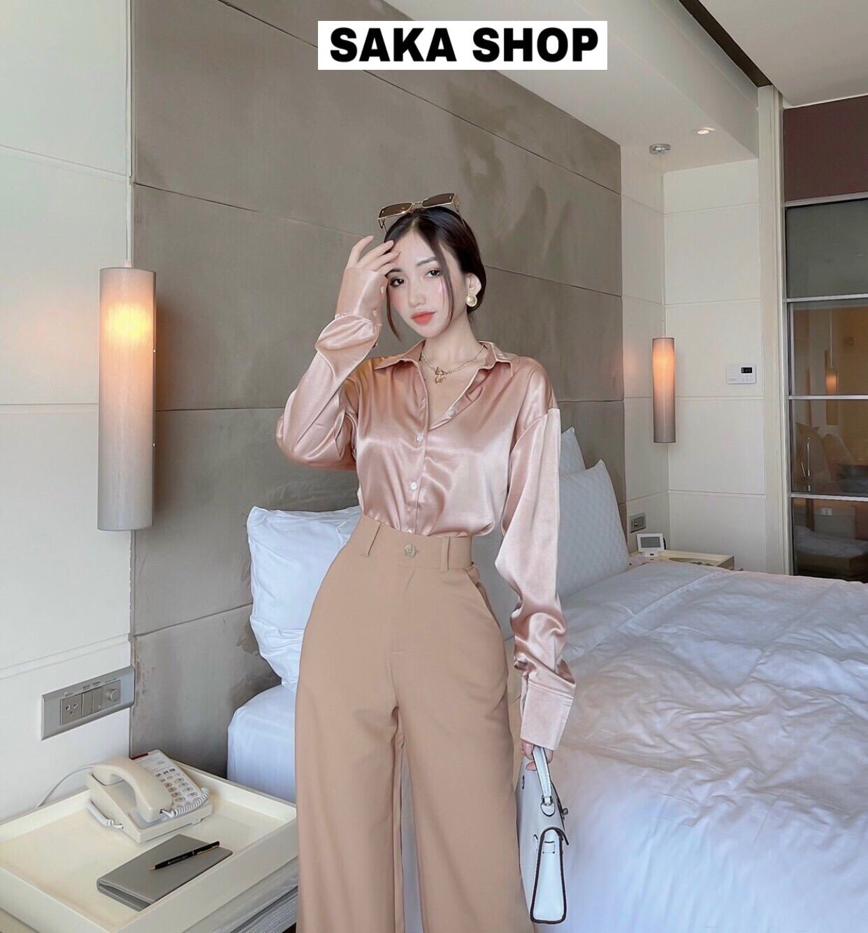 Áo sơ mi lụa nữ tay dài màu hồng nude vải cao cấp