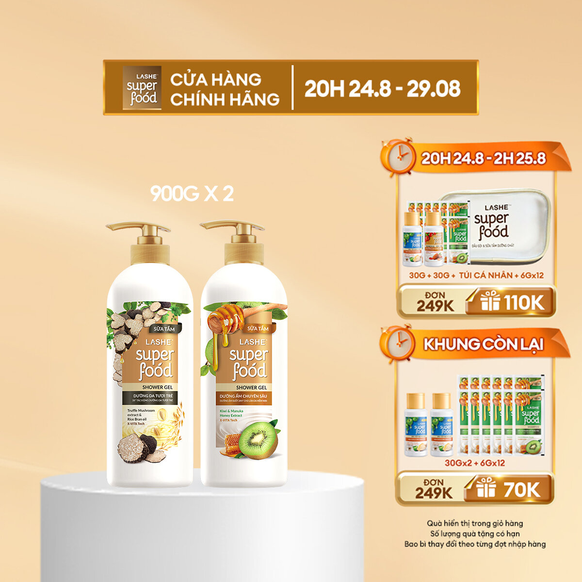 Combo sữa tắm lashe superfood dưỡng da tươi trẻ 900g + sữa tắm lashe superfood dưỡng ẩm chuyên sâu 900g