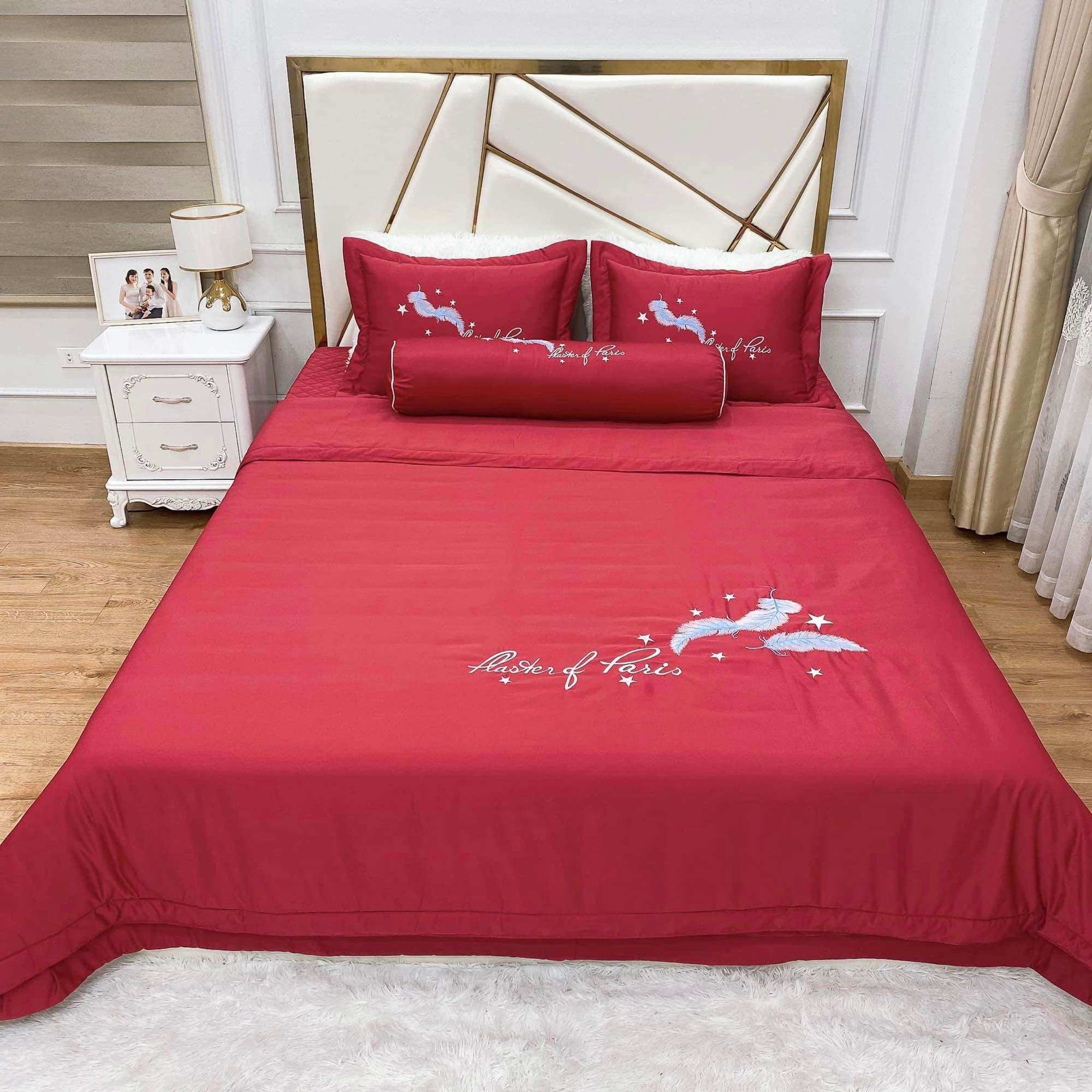 Bộ chăn ga gối phi lụa chất liệu mềm mại thoáng mát, set 5 món gồm (3 vỏ gối, 1 chăn,1 ga)