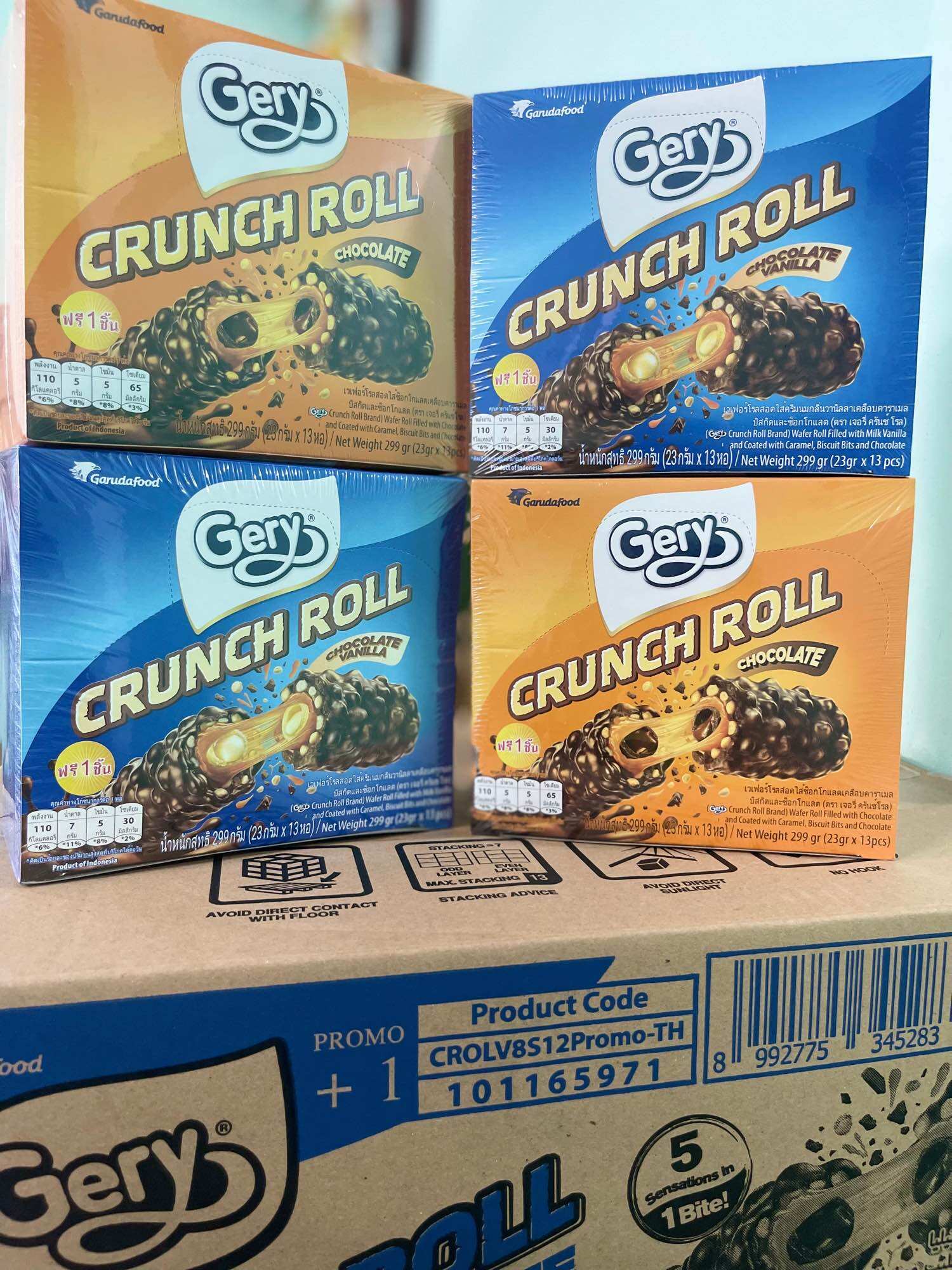 Bánh Gery Crunch Roll Chocolate &chocolate Vanilla Hộp 276g (23g x 12 thanh) nhập khẩu indo